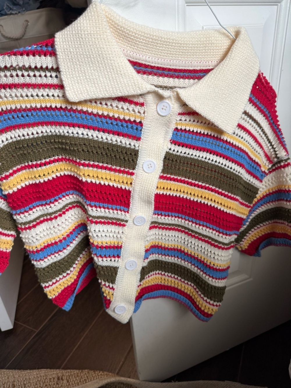 Striped Cropped Knit Button-Up Polo in Cream, Olive, Red, Blue & Yellow